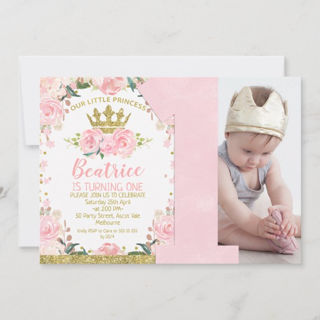 Pink Gold Little Princess Crown 1st Birthday Invitation (Front)