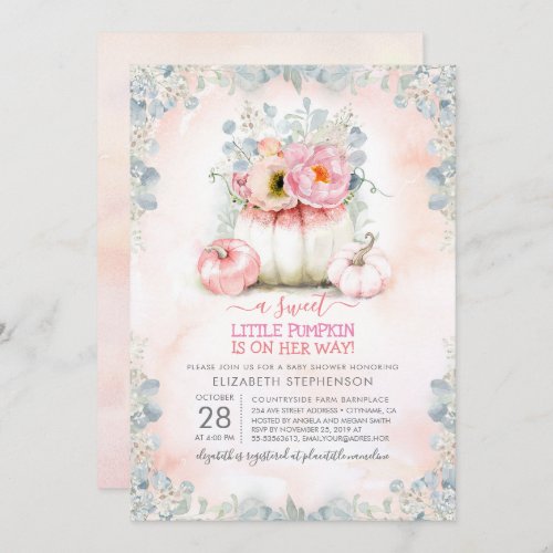 Pink Gold Little Pumpkin Cute Elegant Baby Shower Invitation