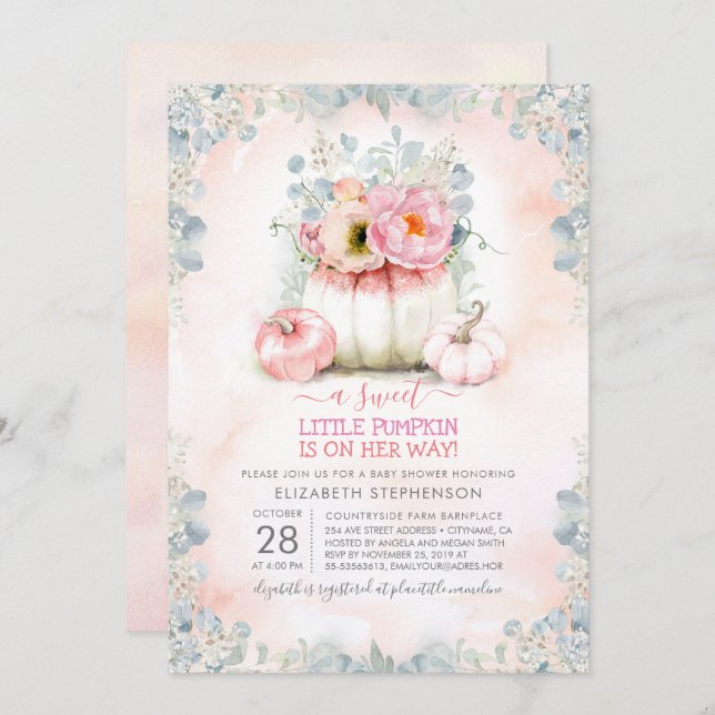 Pink Gold Little Pumpkin Cute Elegant Baby Shower Invitation (Front/Back)