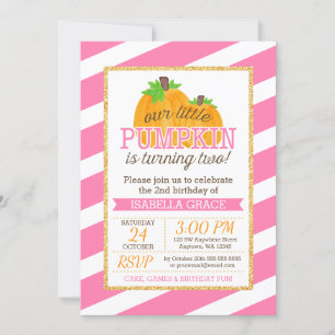 Pink Gold Little Pumpkin Girl 2nd Birthday Invitation