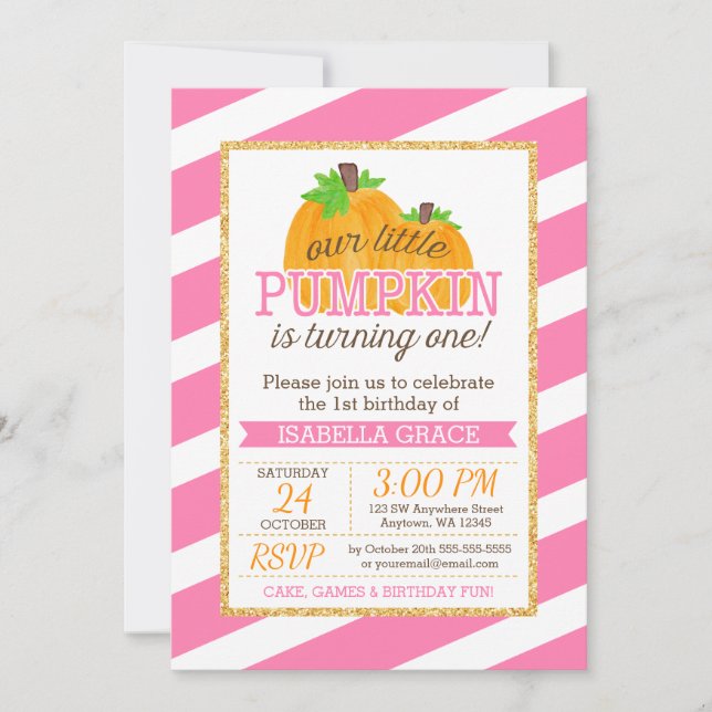 Pink Gold Little Pumpkin Girl First Birthday Invitation (Front)