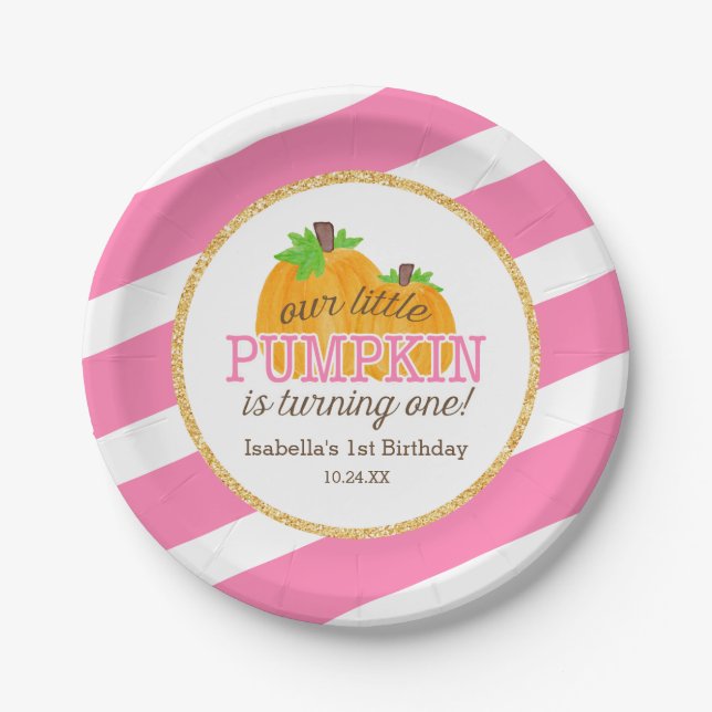 Pink Gold Little Pumpkin Girl First Birthday Paper Plates (Front)