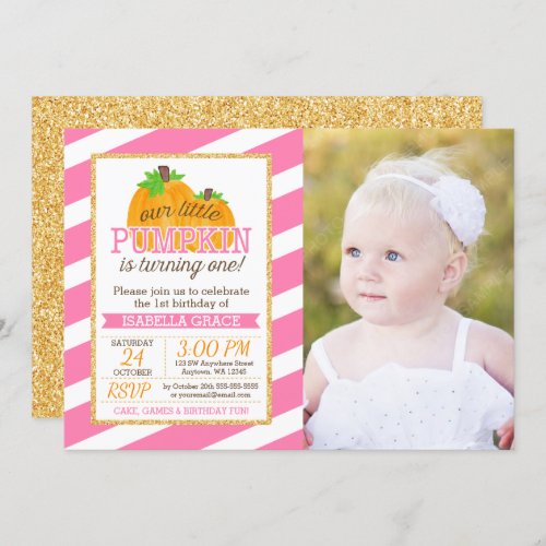 Pink Gold Little Pumpkin Girl First Birthday Photo Invitation