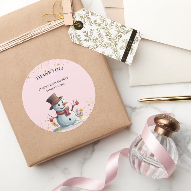  Pink & Gold Little Snowflakes Snowman Baby Shower Classic Round Sticker (Gifting)