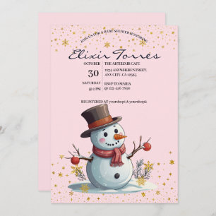 Pink & Gold Little Snowflakes Snowman Baby Shower Invitation