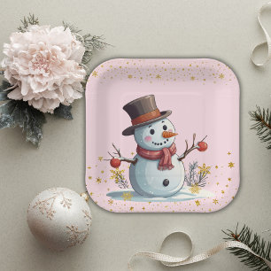  Pink & Gold Little Snowflakes Snowman Baby Shower Paper Plates