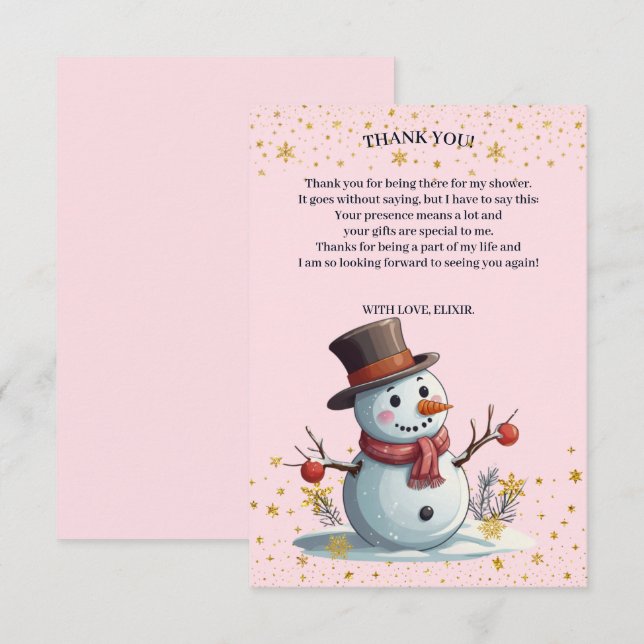 Pink & Gold Little Snowflakes Snowman Baby Shower Thank You Card (Front/Back)