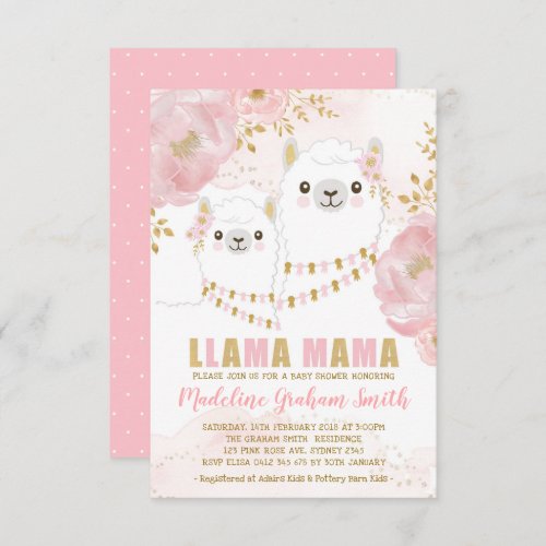 Pink Gold Llama Girl Baby Shower Blush Floral Invitation