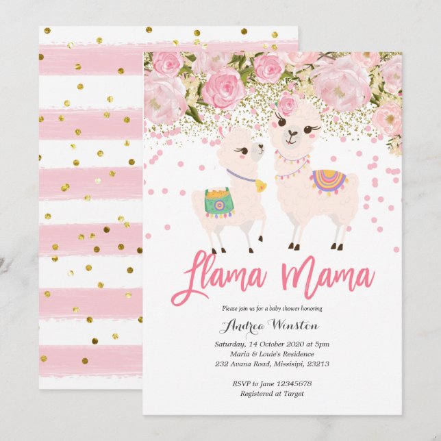 Pink Gold Llama Mama Baby Shower Invitation (Front/Back)