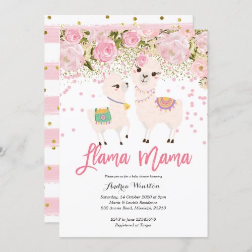 Pink Gold Llama Mama Baby Shower Invitation