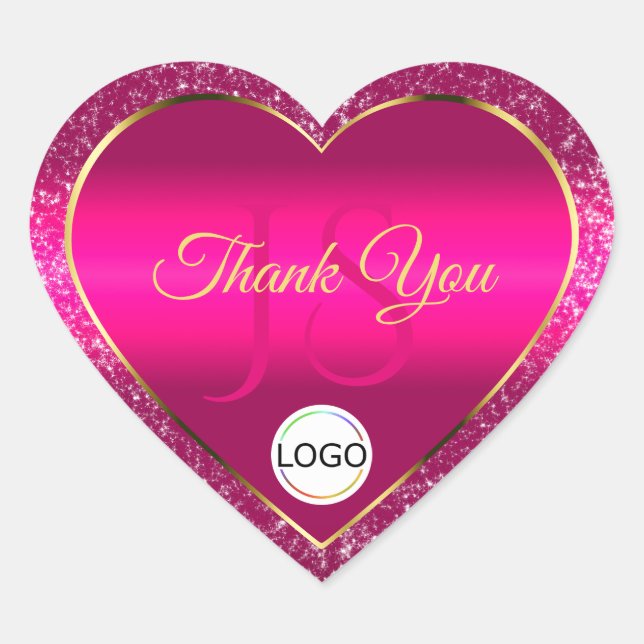 Pink Gold Logo and Initials Glitter Cute Thank You Heart Sticker (Front)
