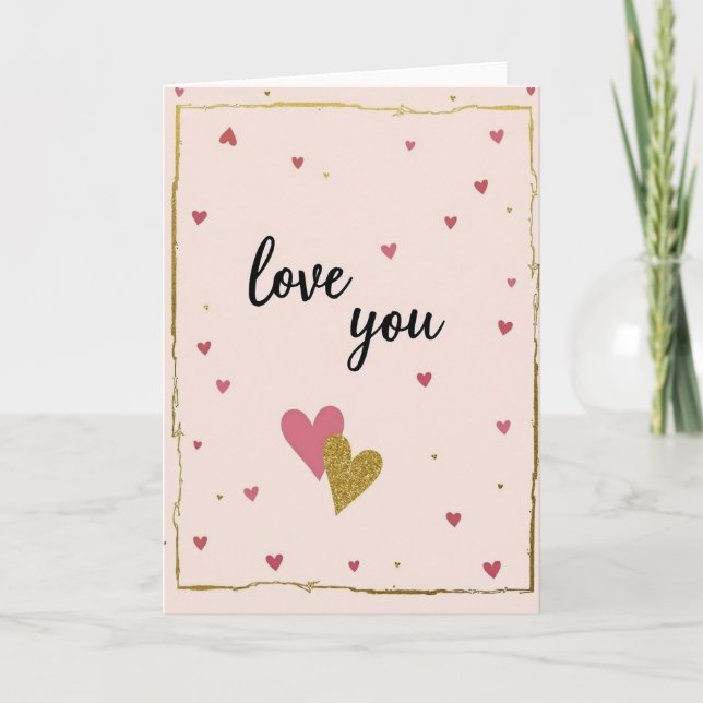 Pink Gold Love You Hearts Card (Front)