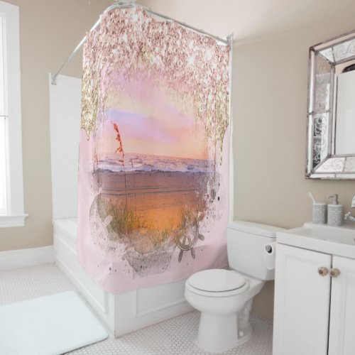  Pink GOLD MAGENTA Drips BEACH GLITTER AP7 Shower Curtain