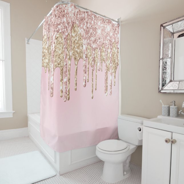 *~* Pink GOLD MAGENTA Drips Dripping GLITTER AP7 Shower Curtain (In Situ)