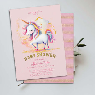 Pink Gold Magical Unicorn Rainbow Girl Baby Shower Invitation