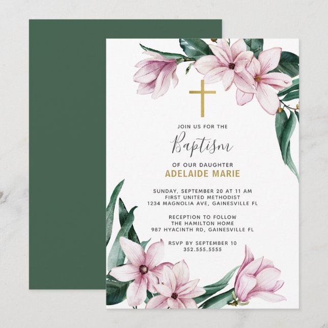 Pink Gold Magnolia Floral Baptism Invitation (Front/Back)