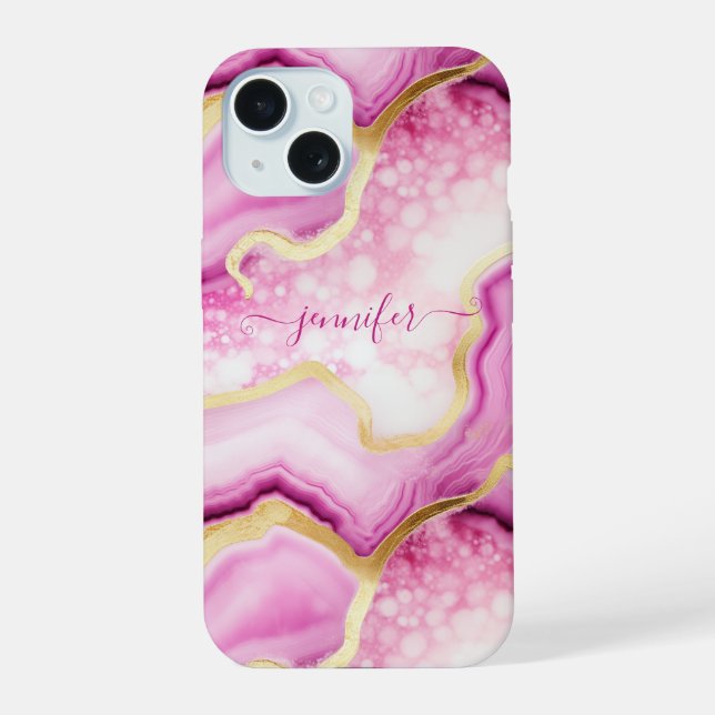 Pink Gold Marble Agate Geode Monogrammed Chic Iphone Case (Back)