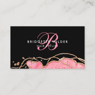 Pink Gold Marble Agate Hair Stylist Black Business Card