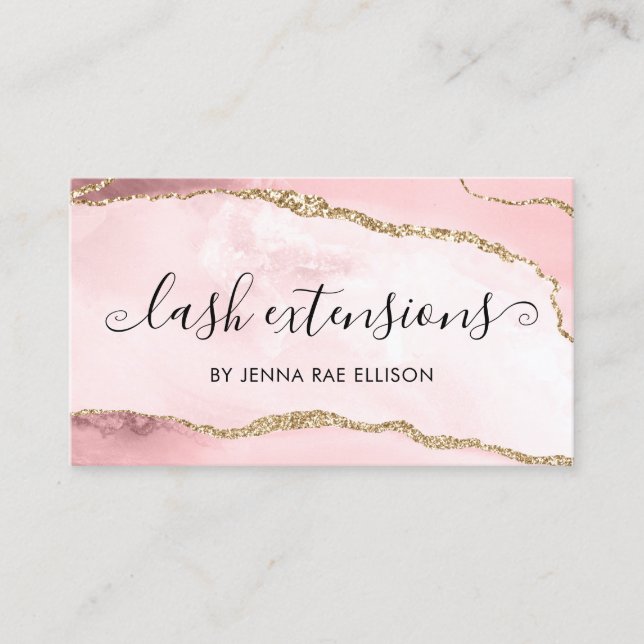 Pink Gold Marble Agate Lash Aftercare Instruction Business Card (Front)