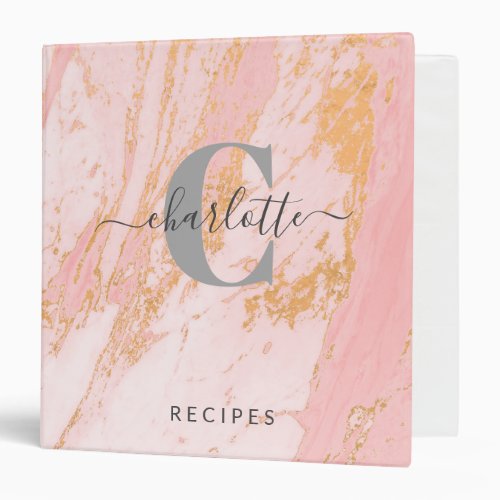 Pink Gold Marble Custom Monogrammed Recipe 3 Ring Binder