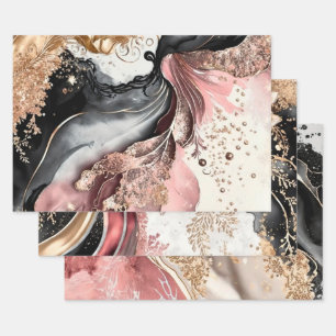 Pink Gold Marble Floral Glitter Abstract Design Wrapping Paper Sheets