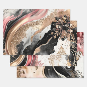 Pink Gold Marble Floral Glitter Abstract Design Wrapping Paper Sheets