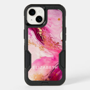 pink gold marble glitter personalized name OtterBox iPhone 14 case