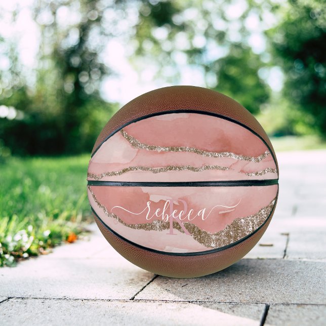 Pink Gold Marble Monogram Calligraphy Script Name  Basketball (Creator Uploaded)