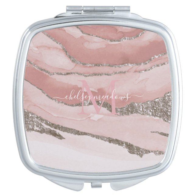 Pink Gold Marble Monogram Calligraphy Script Name Compact Mirror (Front)