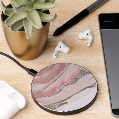 Pink Gold Marble Monogram Calligraphy Script Name Wireless Charger