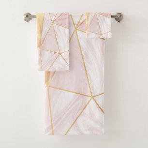Pink & Gold Marble Poly Geometric Triangles Bath Towel Set