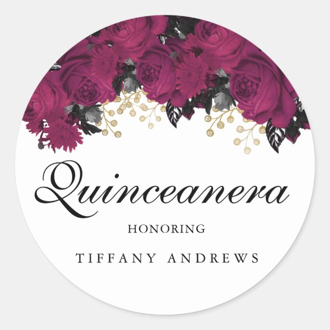 Pink Gold Marsala Flowers Quinceanera Favor Classic Round Sticker (Front)