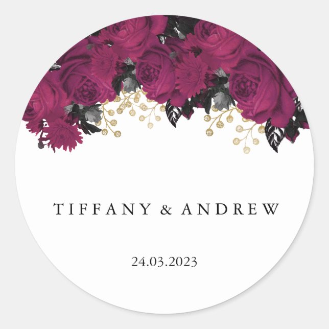 Pink Gold Marsala Flowers Wedding Name Favor Classic Round Sticker (Front)