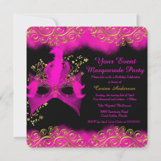Pink Gold Mask Masquerade Birthday Party Invitation