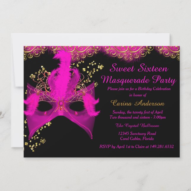 Pink Gold Mask Masquerade Sweet 16 Birthday Invitation (Front)