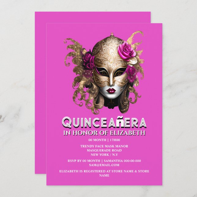 Pink gold masquerade quinceanera birthday elegant invitation (Front/Back)