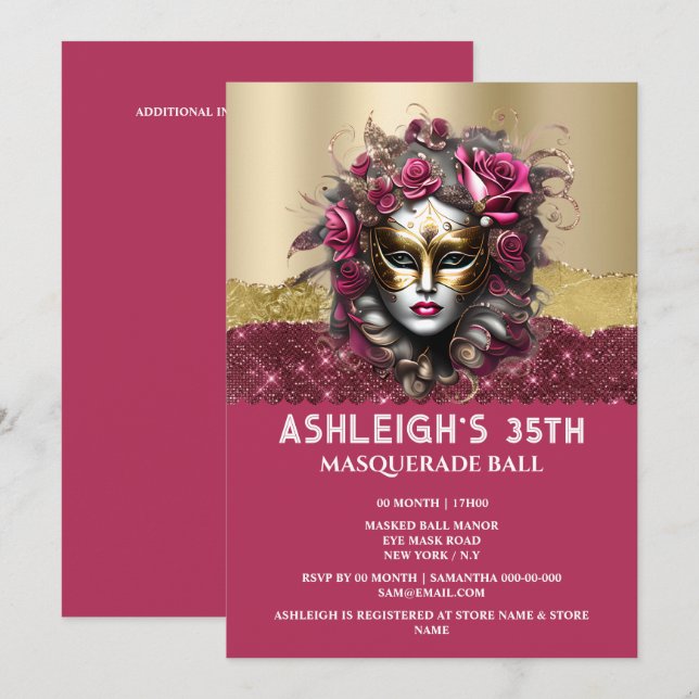Pink gold masquerade rose Venetian mask girls glam Invitation (Front/Back)
