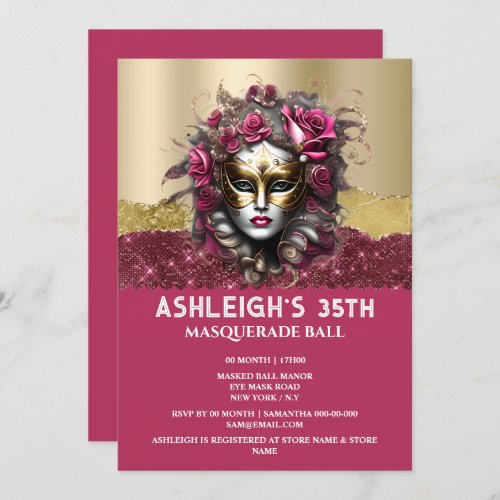 Pink gold masquerade rose Venetian mask girls glam Invitation