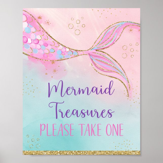 Pink Gold Mermaid Treasures Birthday Party Favor Poster (Front)