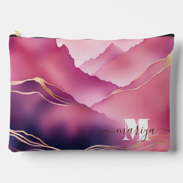 Pink Gold Metallic Marble name Accessory Pouch (Front)