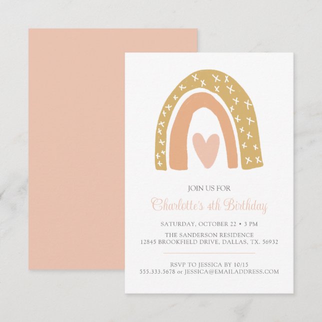 Pink Gold Minimalist Boho Rainbow Birthday Party Invitation (Front/Back)
