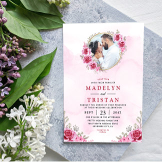 Pink Gold Minimalist Floral Wedding Invitation