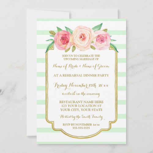 Pink Gold Mint Stripes Rehearsal Dinner Party Invitation