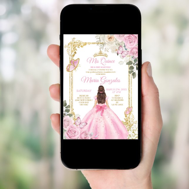 Pink & Gold Mis Quince 15 Anos Butterfly Crown Invitation (Front Digital)