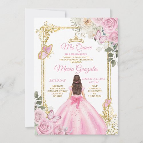 Pink  Gold Mis Quince 15 Anos Butterfly Crown Invitation
