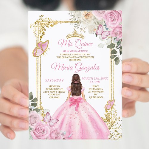 Pink  Gold Mis Quince 15 Anos Butterfly Crown Invitation