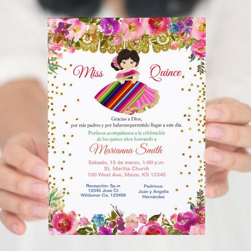 Pink  gold Miss Quinceaera Mexican Invitation