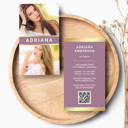 Pink Gold Model Actress QR Code 2 Photo Collage Business Card