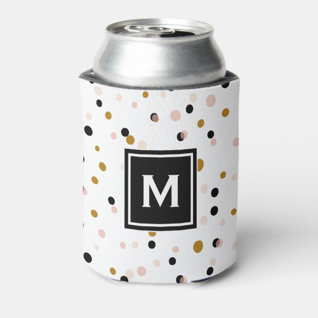 Pink & Gold Modern Confetti Dots Pattern Monogram Can Cooler (Can Back)