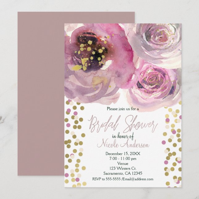 Pink & Gold Modern Floral Watercolor Bridal Shower Invitation (Front/Back)